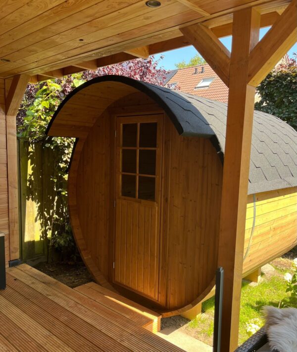 Luxe barrel sauna thermowood inclusief voorportaal - Afbeelding 5